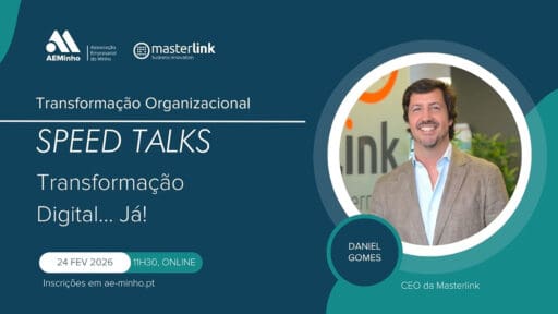 Imagem de Daniel Gomes, CEO da Masterlink, durante a Speed Talk na AE Minho.