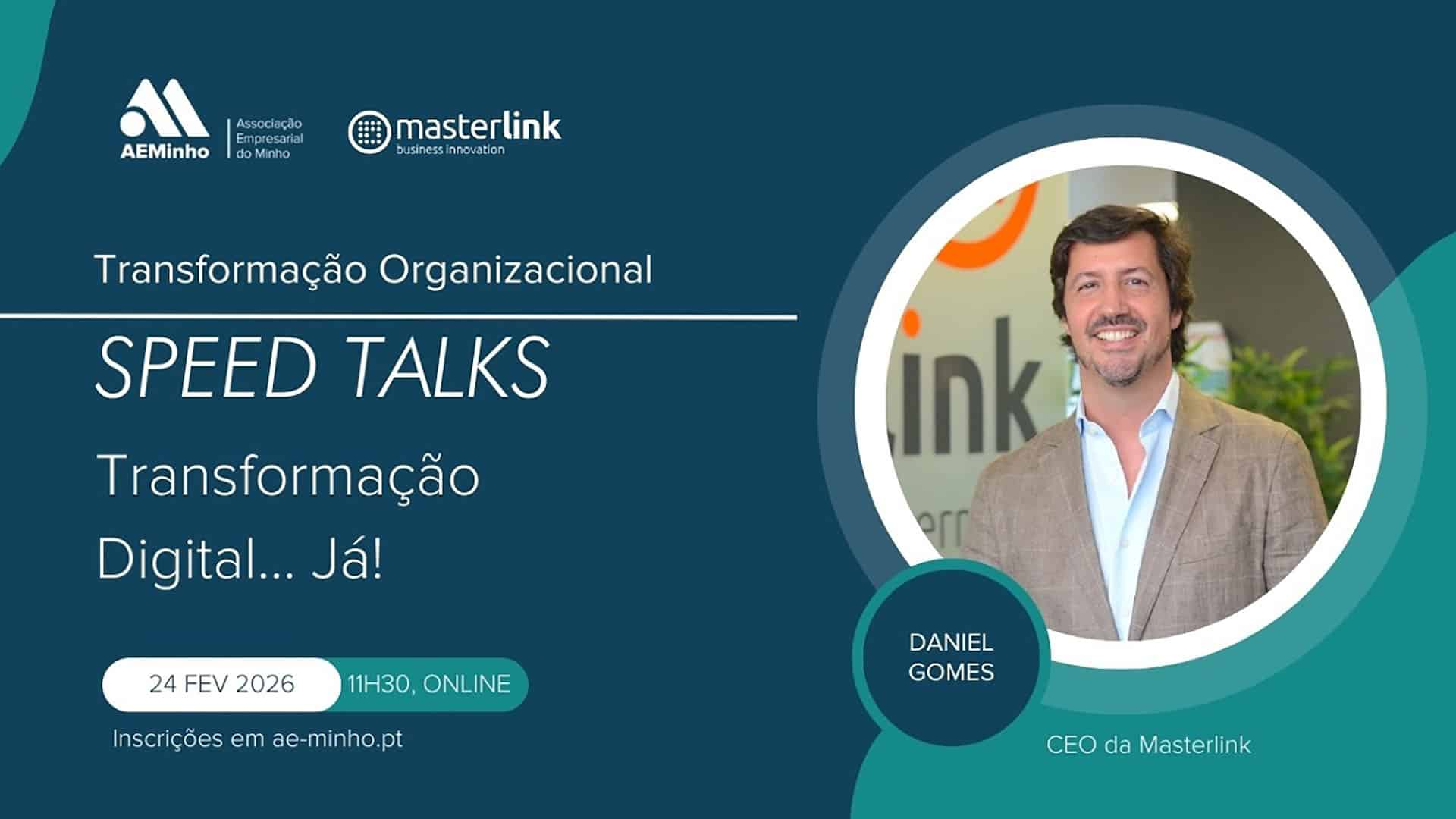 Imagem de Daniel Gomes, CEO da Masterlink, durante a Speed Talk na AE Minho.